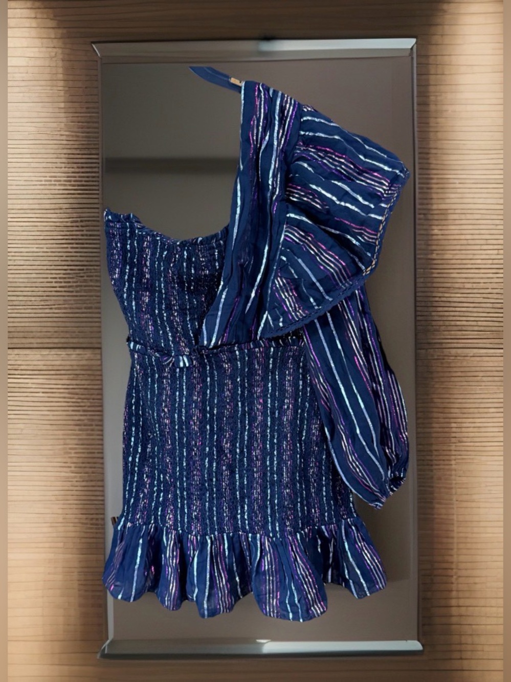 NWT FARM Rio Lurex Stripes Mini Dress w/one shoulder/ruffles/smocked bodice/-S - Picture 3 of 16